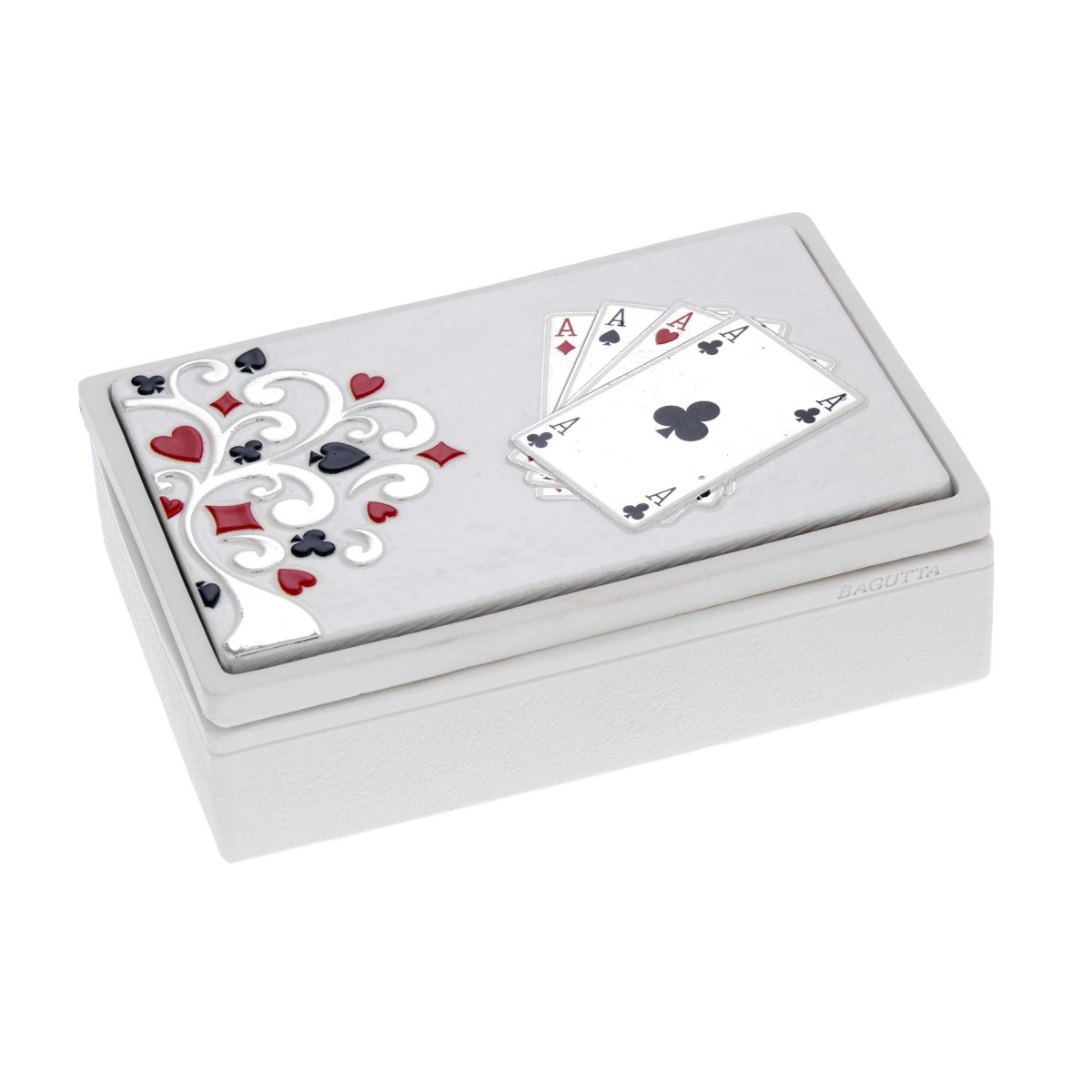Scatola da gioco in resina con coperchio bianco decorato con albero della vita e due mazzi di carte francesi