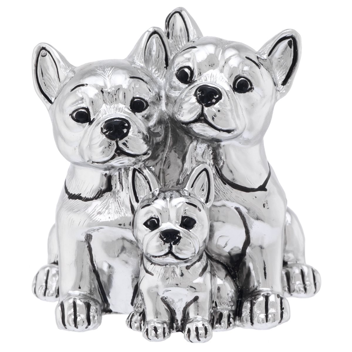 Scultura di famiglia di bulldog in resina argentata con confezione da bomboniera
