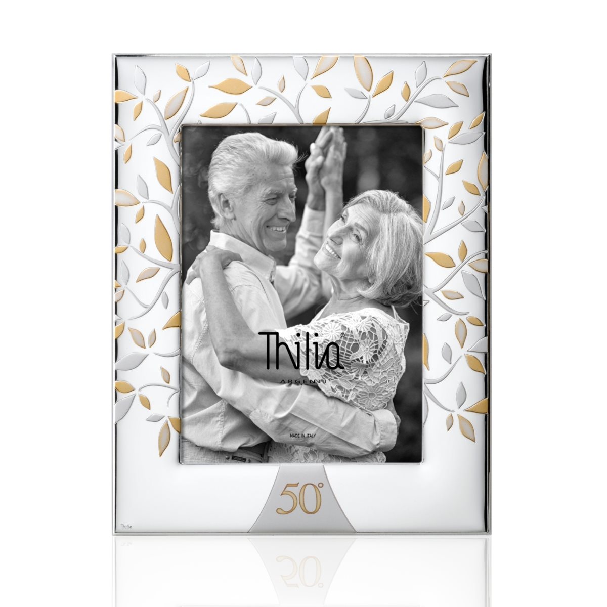 Cornice per 50° anniversario di matrimonio in argento laminato con albero della vita dorato di misura 13x18