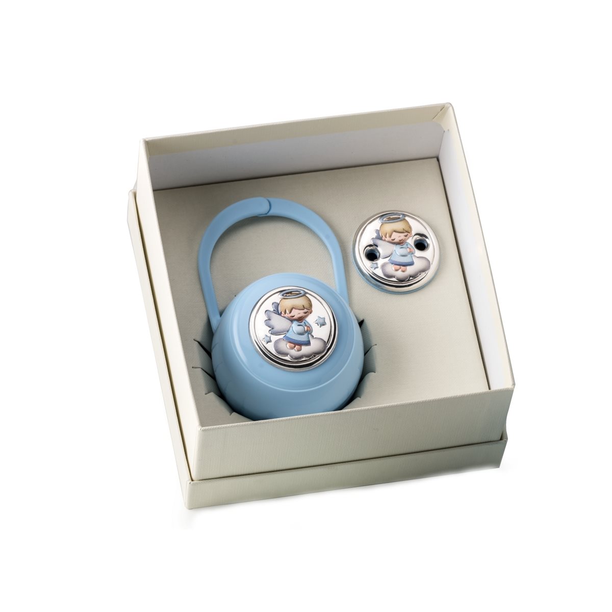 Set per bimbo scatola e pinza porta ciuccio con angioletto su nuvola