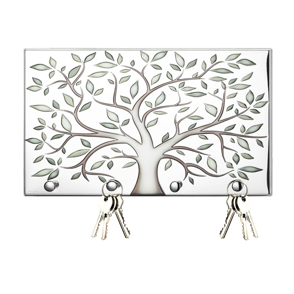 Portachiavi da parete in argento laminato con albero della vita in rilievo e retro in legno bianco