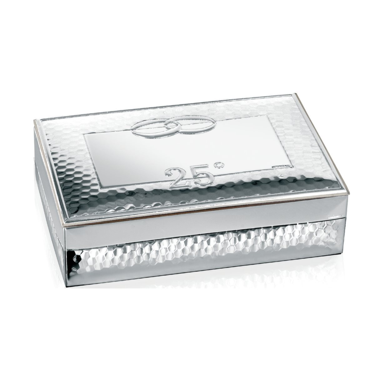 Cofanetto portagioie per nozze d'argento in legno rivestito in argento laminato martellato con coppia di fedi intrecciate e simbolo del 25° anniversario