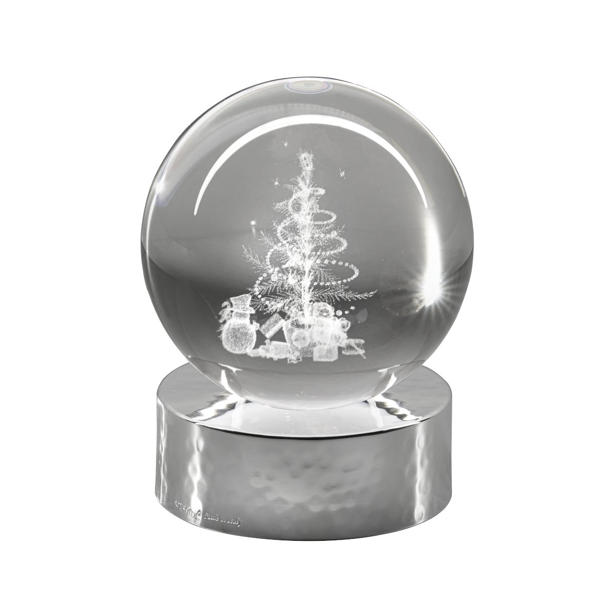 Lampada di ambientazione wireless con sfera in vetro, incisione a laser con albero di natale e base argentata lucida diam. 8 cm