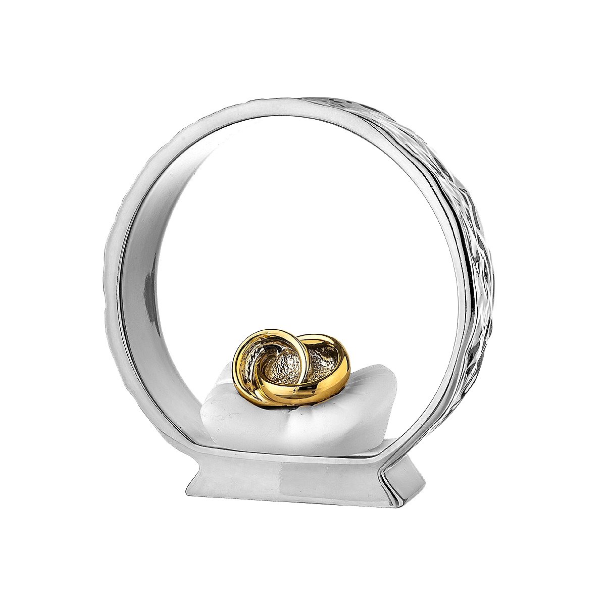 Bomboniera per nozze con scultura in resina argentata e dorata di una coppia di fedi dorate su un cuscino