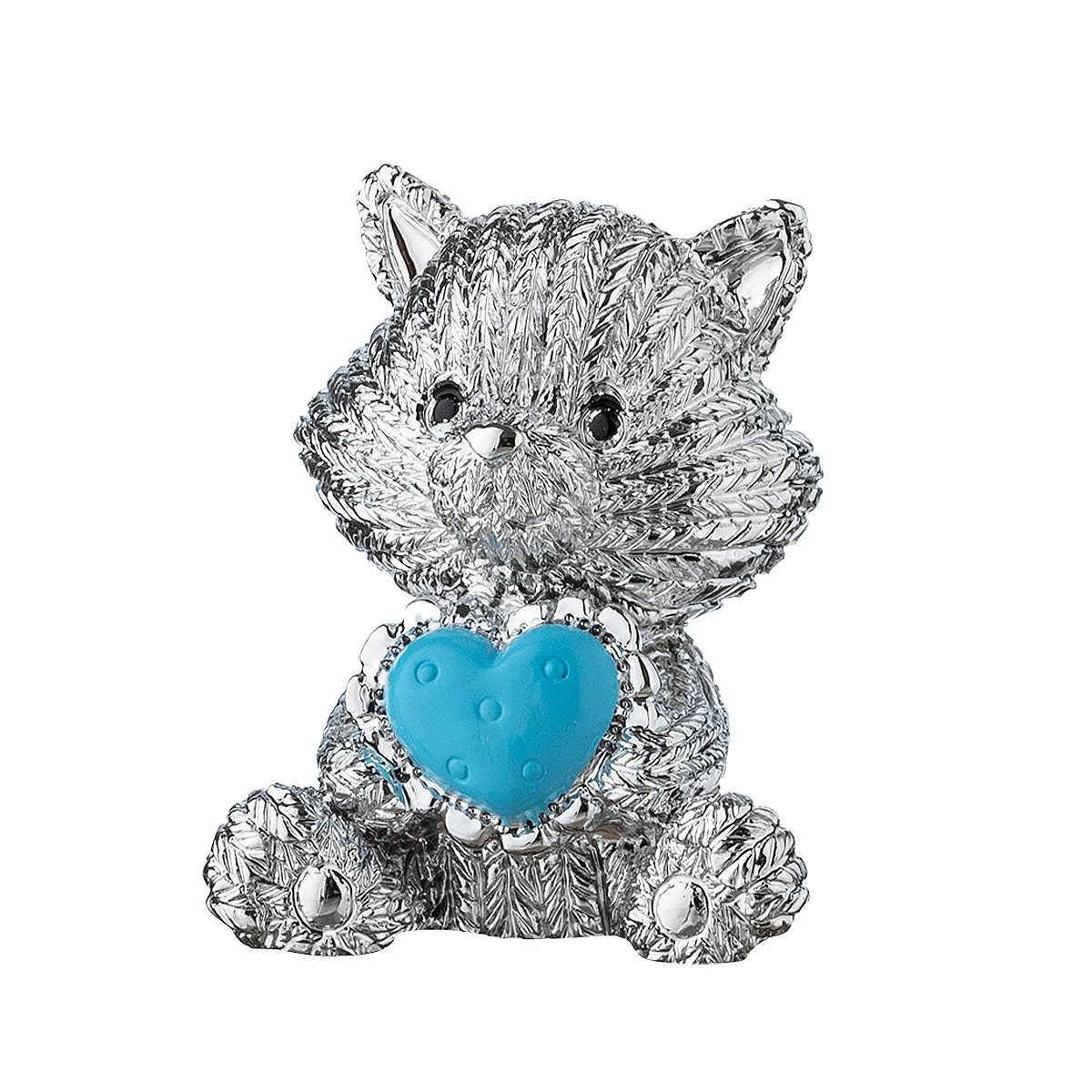 Bomboniera da battesimo per bimbo con gattino in resina azzurra e argentata e scatola regalo