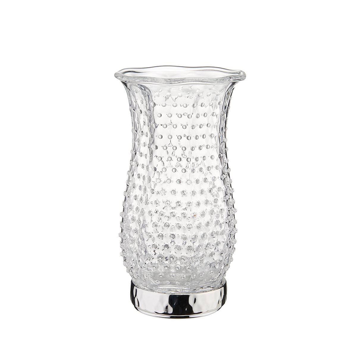 Vaso medio diamante in vetro con lavorazione a pois e base in resina argentata