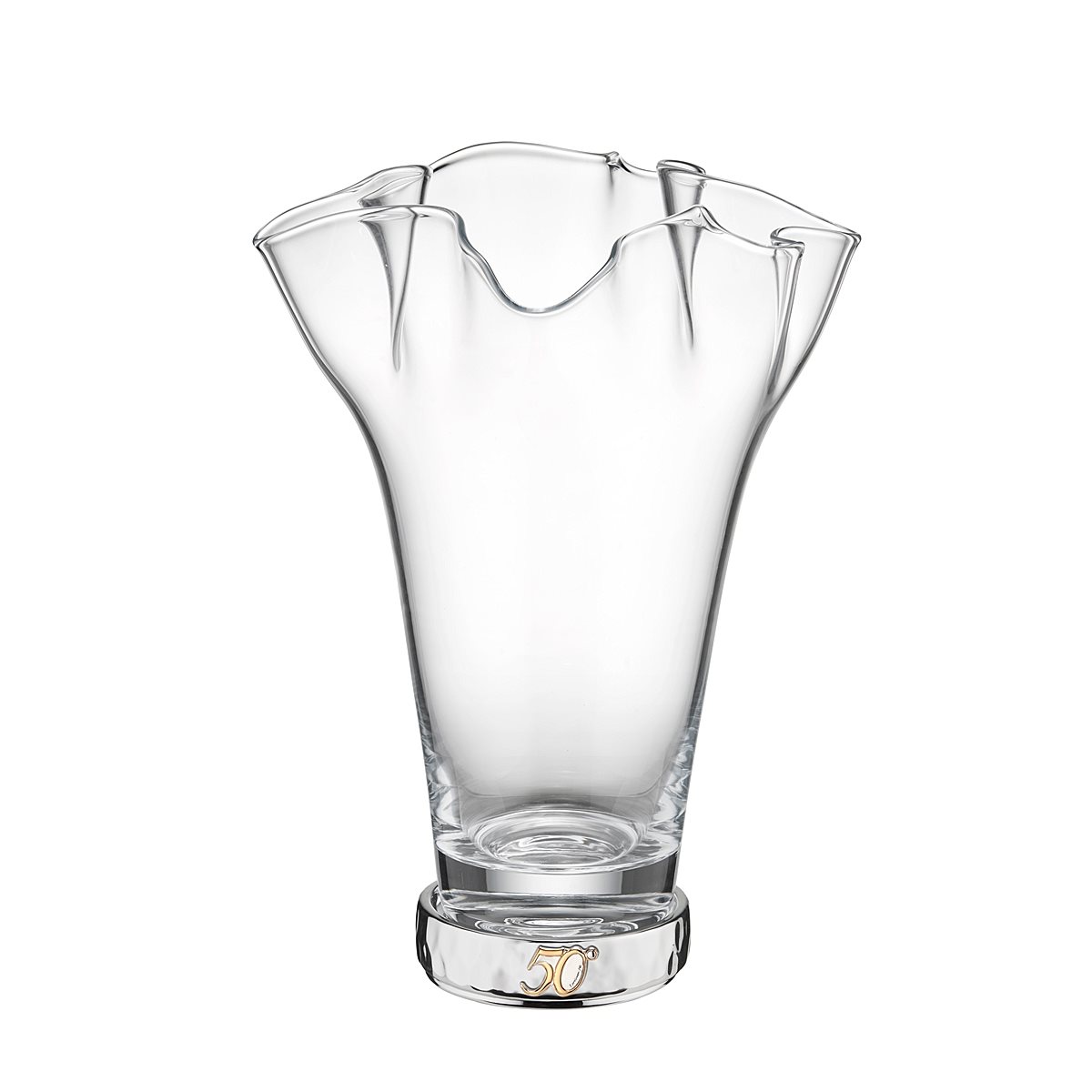 Vaso a fazzoletto per le nozze d'oro in vetro con base in resina argentata decorata con il simbolo dorato del 50° anniversario