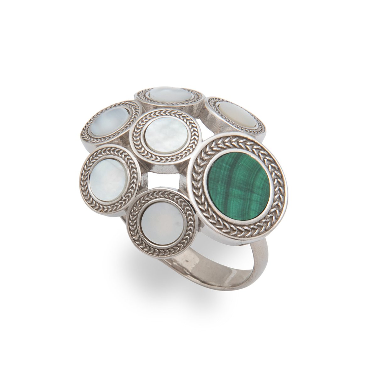 Anello mille chicchi realizzato in argento 925 platinato dal brand dueaerre 1938