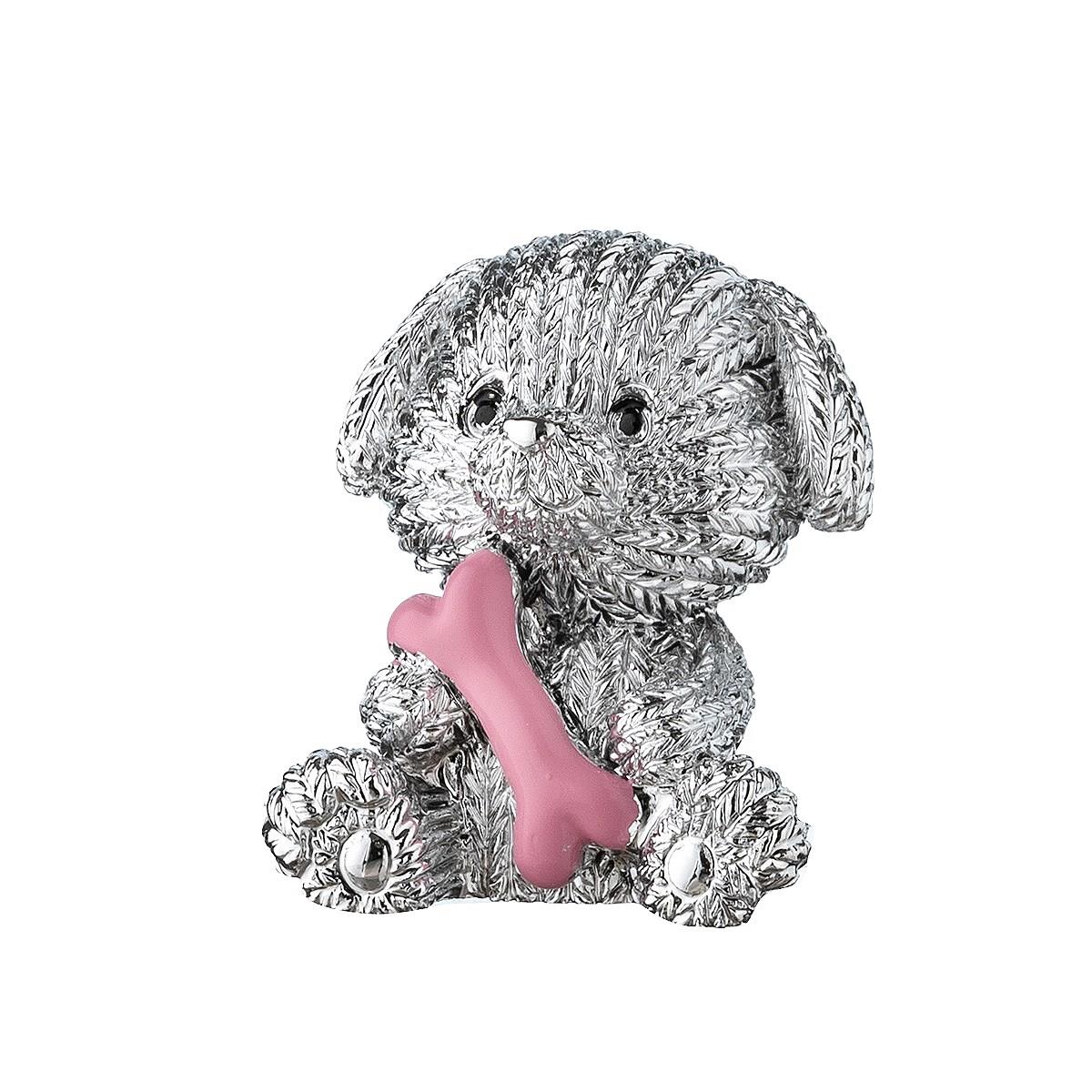 Bomboniera da battesimo per bimba con cagnolino in resina rosa e argentata e scatola regalo