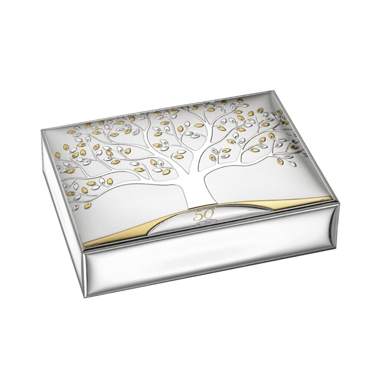 Cofanetto portagioie per le nozze d'oro completamente rivestito in argento laminatocon motivo dell'albero della vita