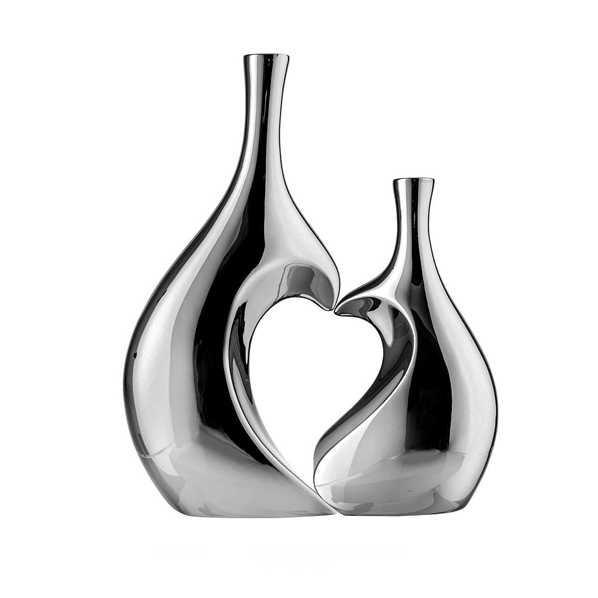 Vaso doppio con sagoma a cuore in resina argentata