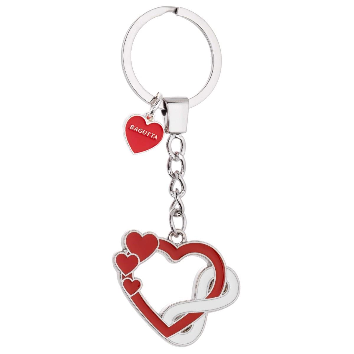 Portachiavi infinity love ad anello in argento laminato con cuore rosso, simbolo dell'infinito e tre cuoricini per san valentino