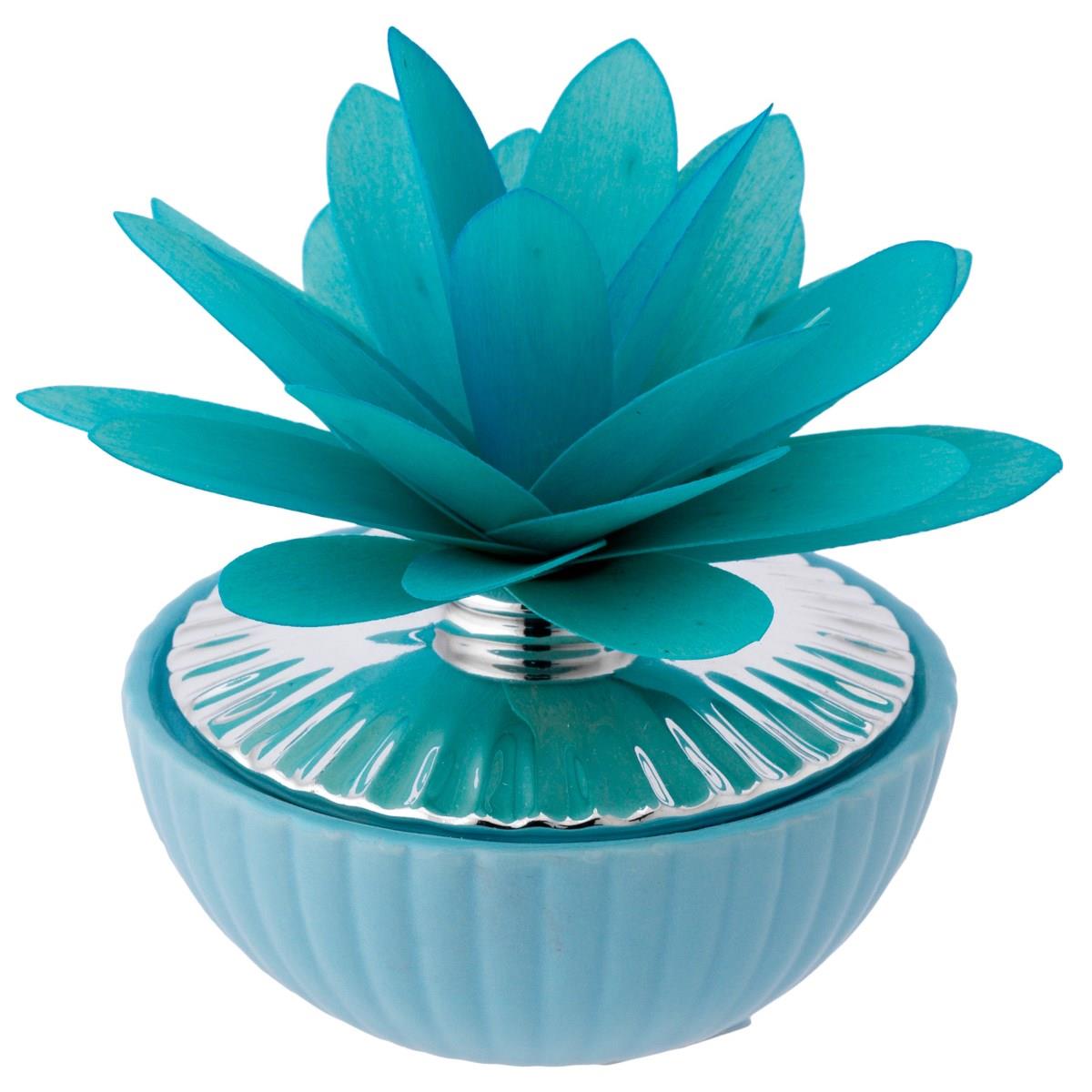 Profumatore per ambiente piccolo in ceramica argentata e color azzurro con dalia