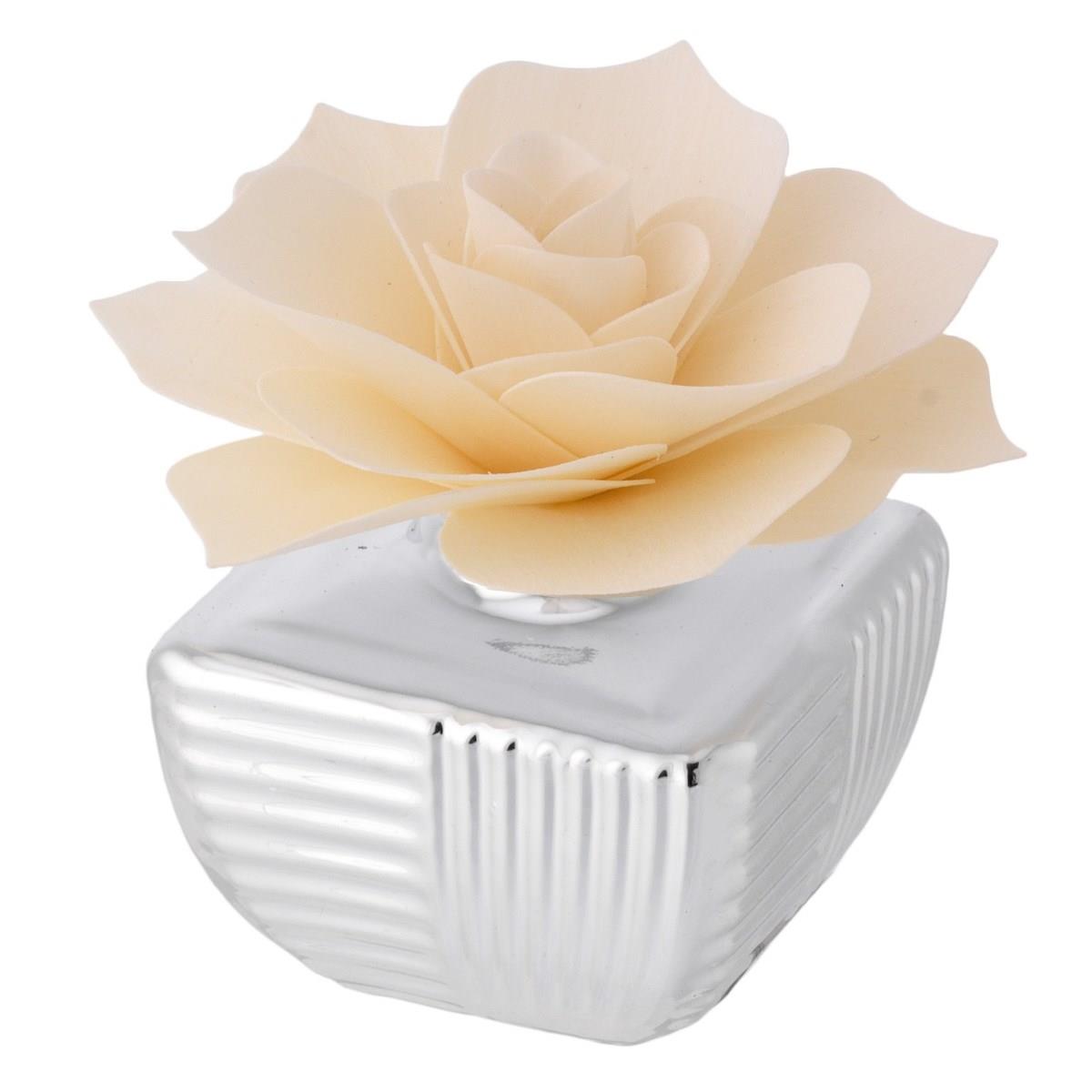 Profumatore per ambiente piccolo in ceramica argentata con rosa color avorio