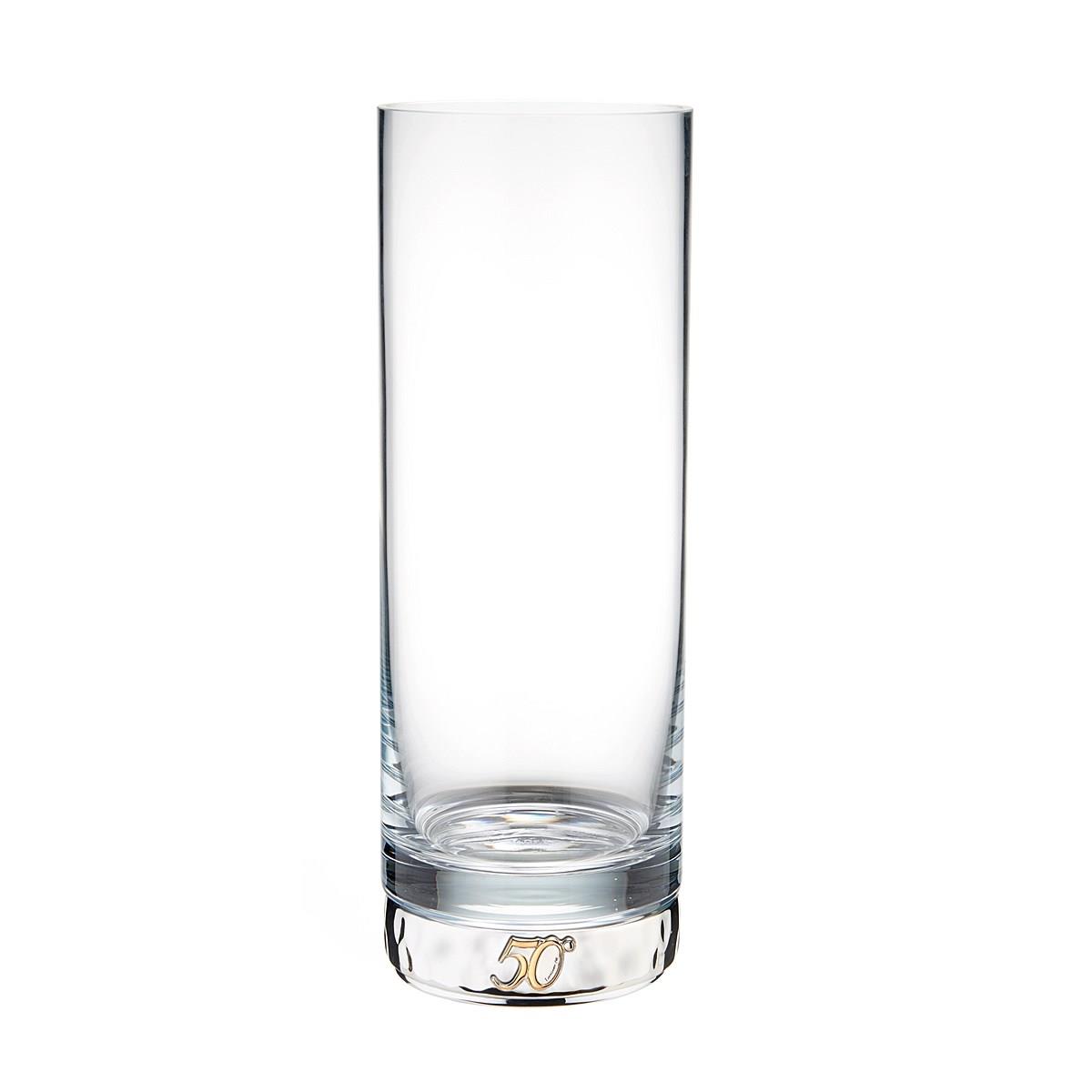 Vaso cilindrico per le nozze d'oro in vetro con base in resina argentata decorata con il simbolo dorato del 50° anniversario