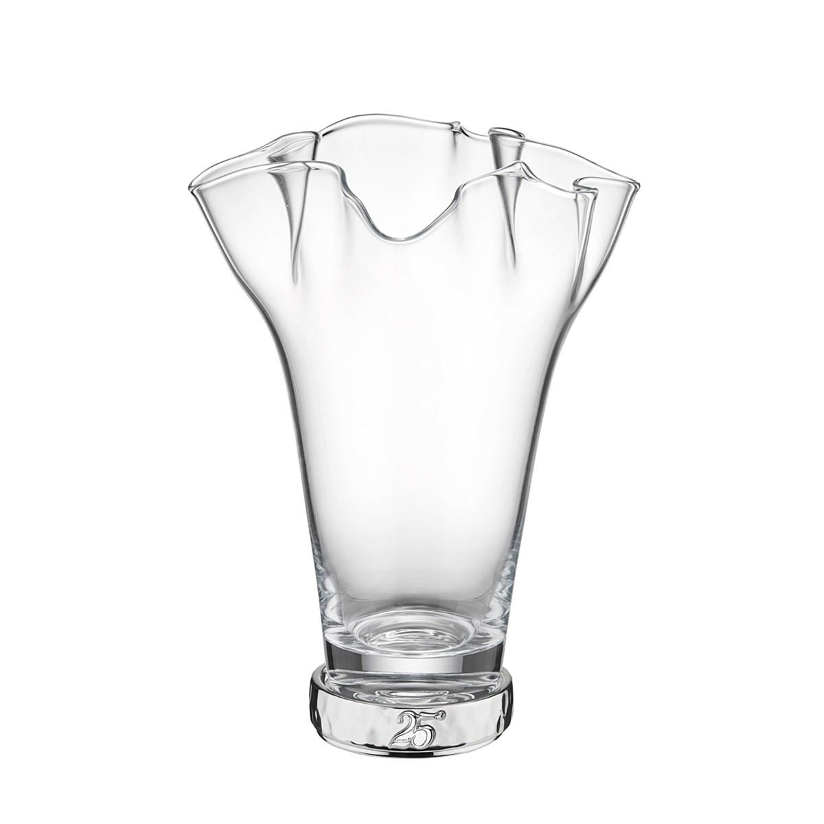 Vaso a fazzoletto per le nozze d'argento in vetro con base in resina argentata decorata con il simbolo del 25° anniversario